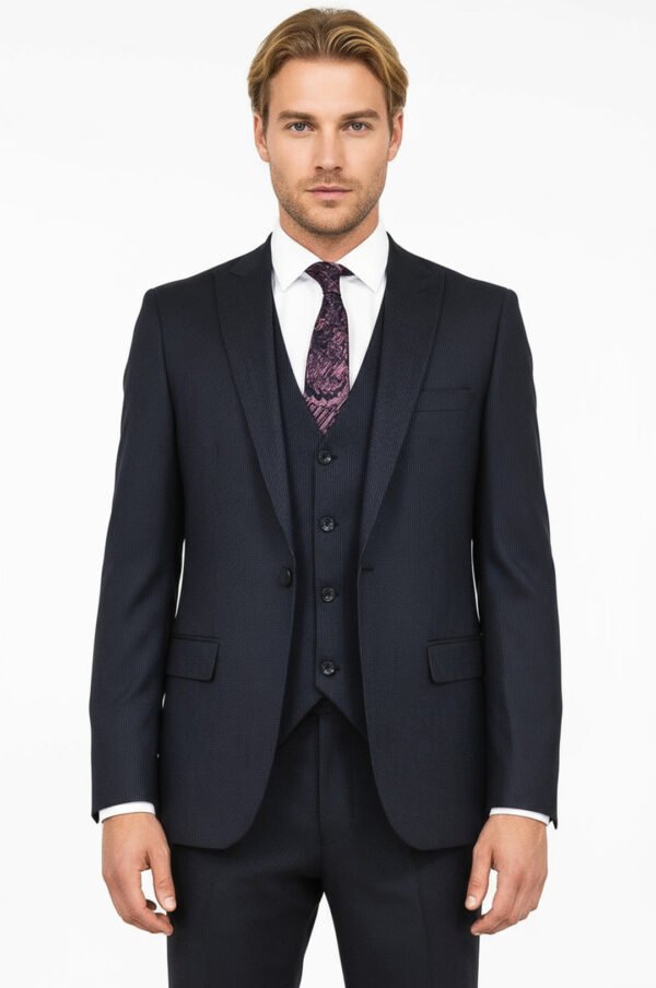 Slim Fit Patterned Navy Blue Men Suit