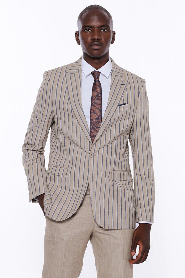 Striped Blazer Plain Pants Beige Men Suit