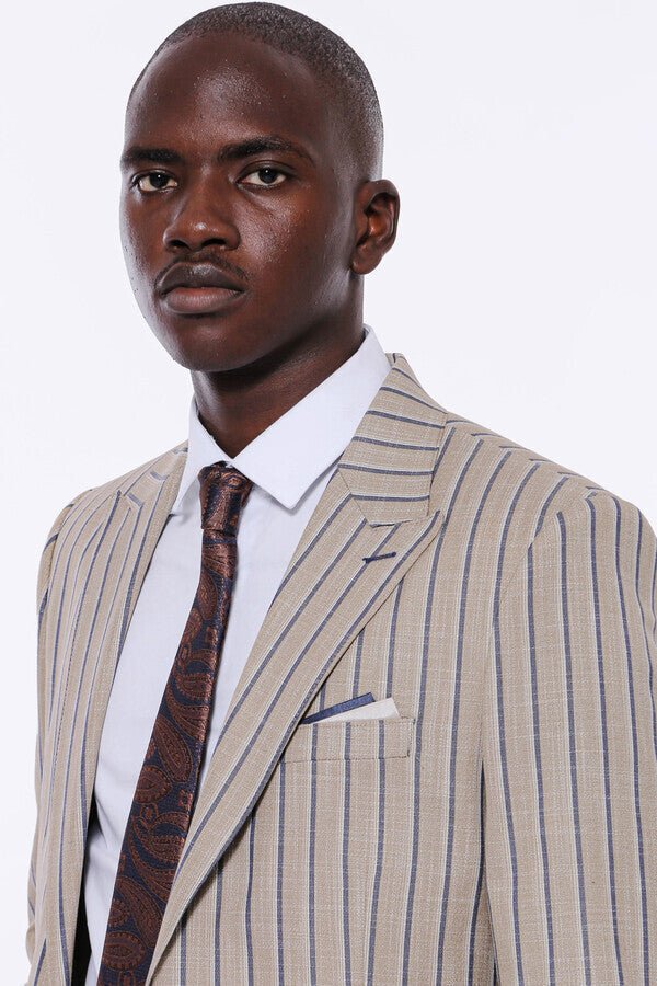 Striped Blazer Plain Pants Beige Men Suit