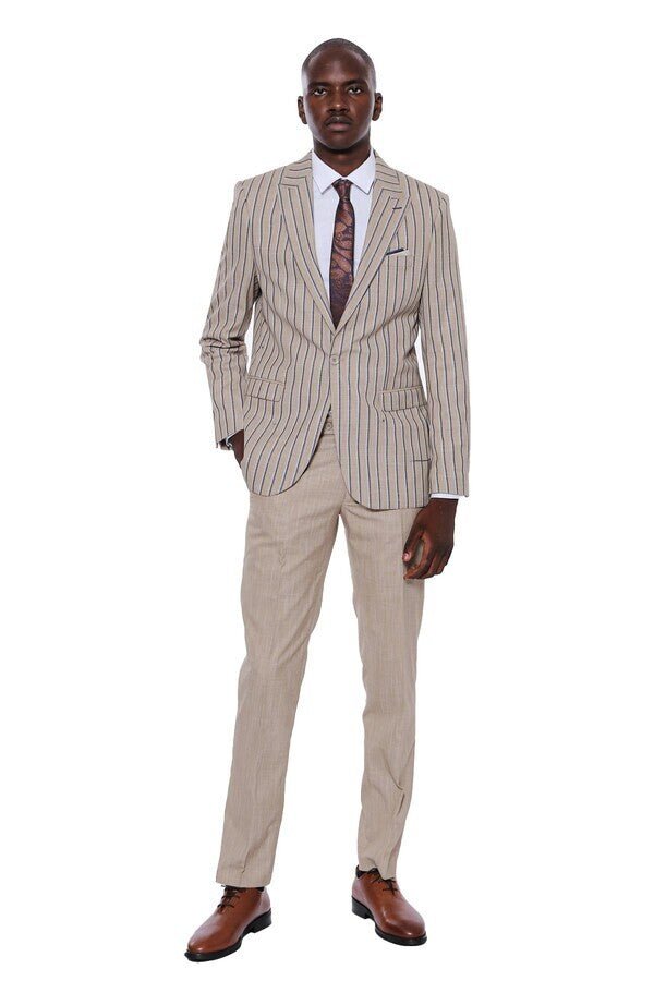 Striped Blazer Plain Pants Beige Men Suit
