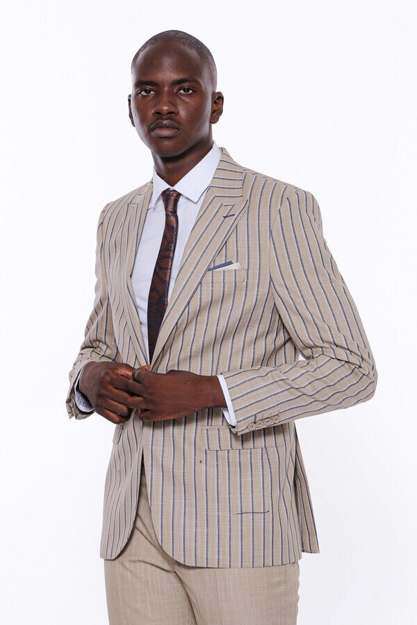 Striped Blazer Plain Pants Beige Men Suit