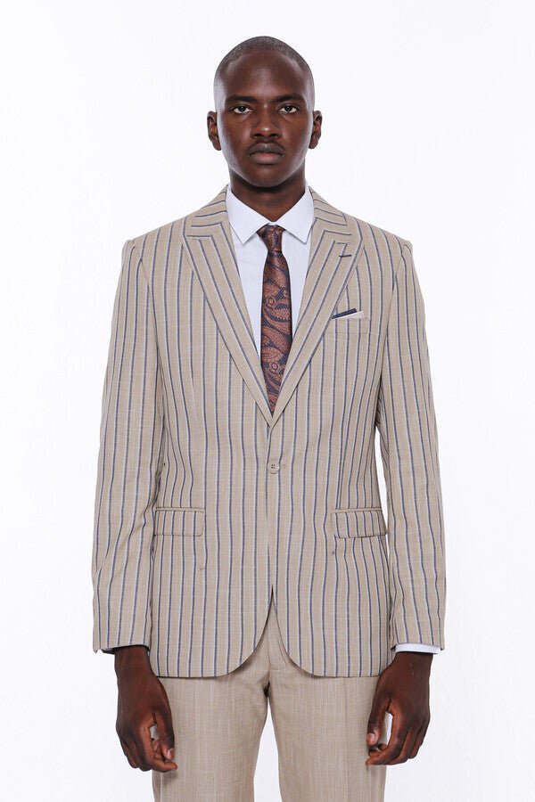 Striped Blazer Plain Pants Beige Men Suit