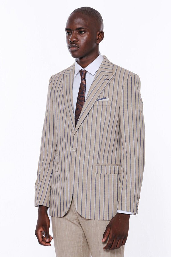 Striped Blazer Plain Pants Beige Men Suit