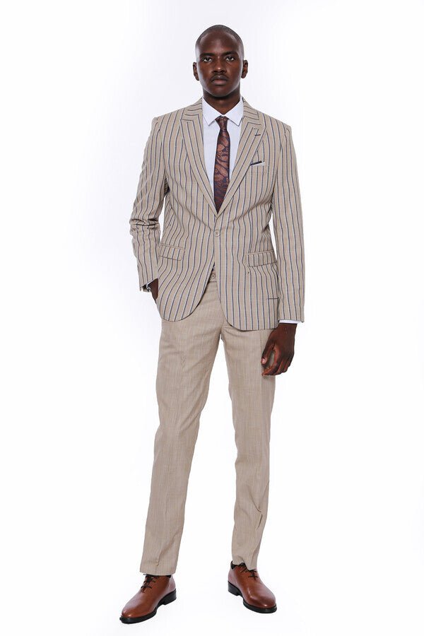 Striped Blazer Plain Pants Beige Men Suit