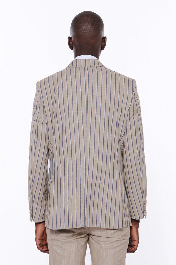 Striped Blazer Plain Pants Beige Men Suit