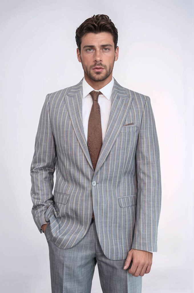Striped Blazer Plain Pants Grey Men Suit