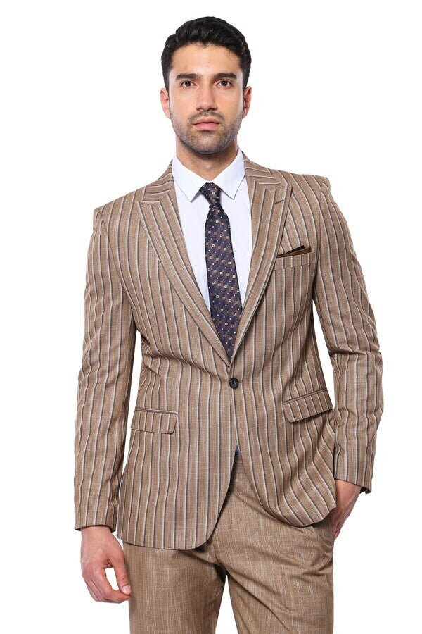 Striped Blazer Plain Pants Light Brown Men Suit