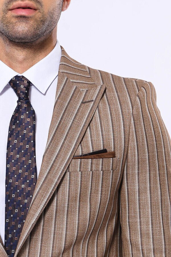 Striped Blazer Plain Pants Light Brown Men Suit