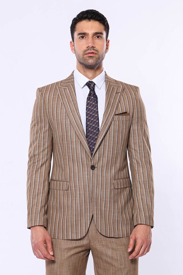 Striped Blazer Plain Pants Light Brown Men Suit