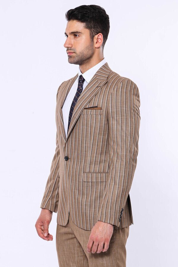 Striped Blazer Plain Pants Light Brown Men Suit