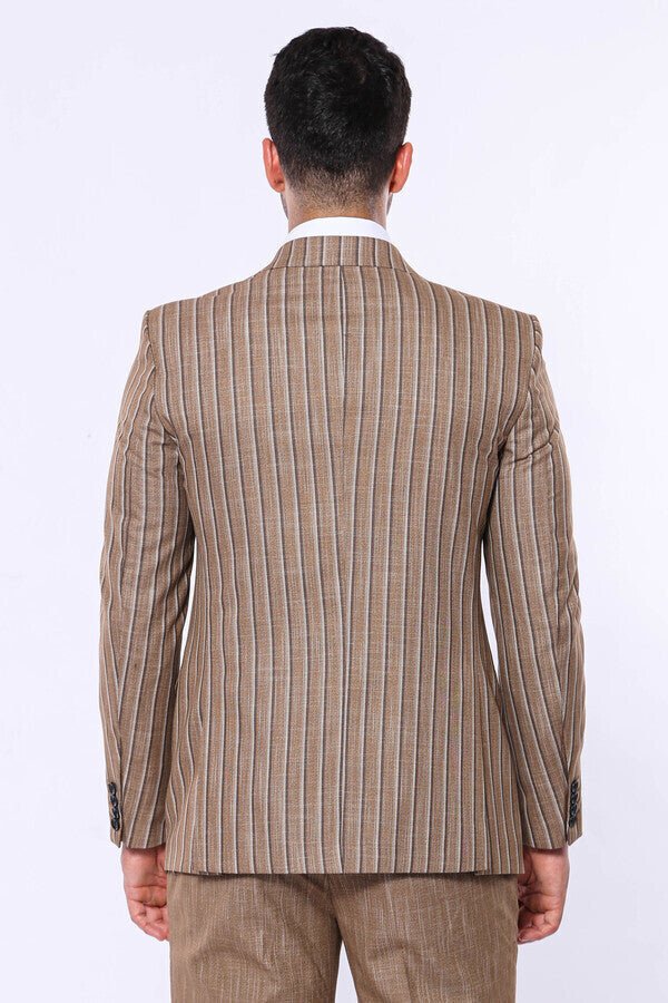 Striped Blazer Plain Pants Light Brown Men Suit