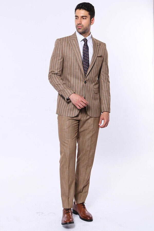 Striped Blazer Plain Pants Light Brown Men Suit