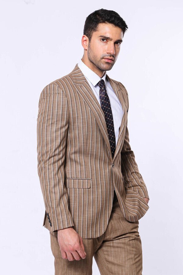 Striped Blazer Plain Pants Light Brown Men Suit