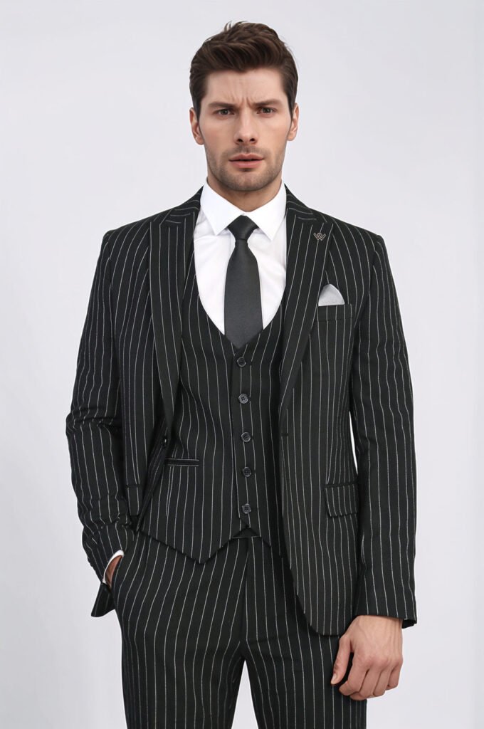 Striped Single Button with Vested Black Mens Suit
