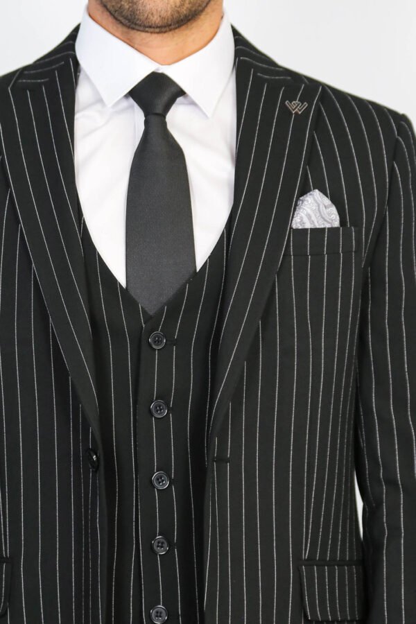 Striped Single Button with Vested Black Mens Suit