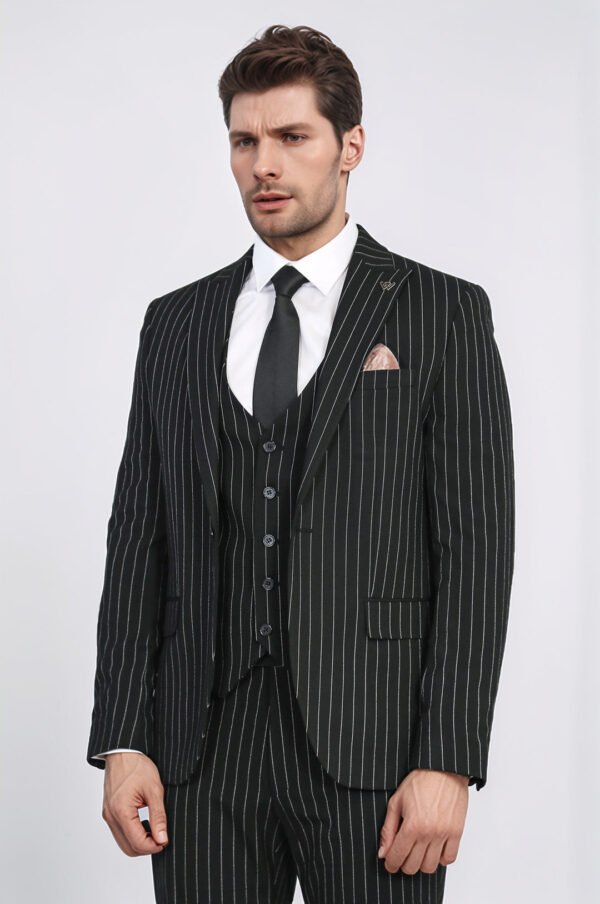 Striped Single Button with Vested Black Mens Suit