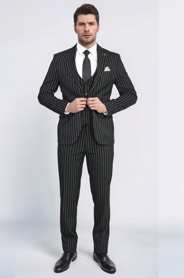 Striped Single Button with Vested Black Mens Suit