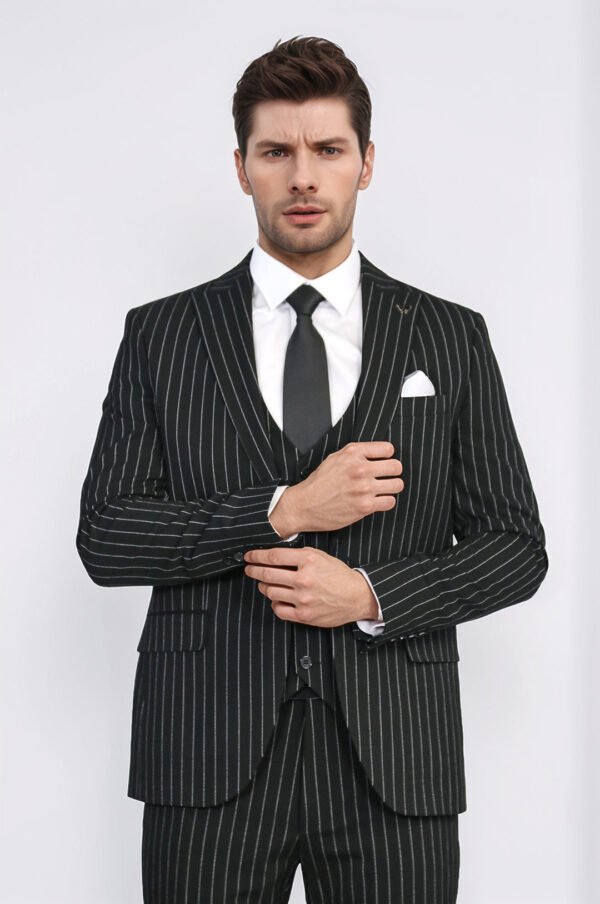 Striped Single Button with Vested Black Mens Suit