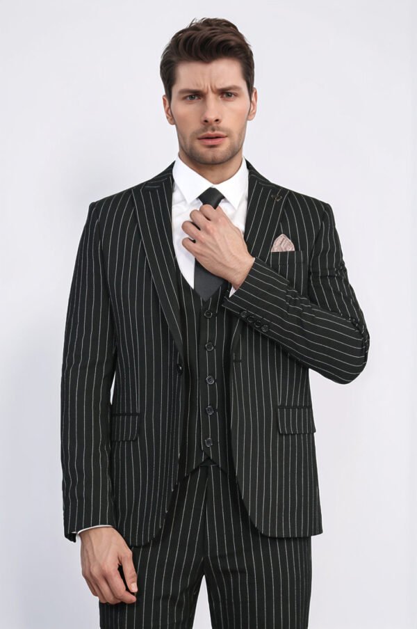 Striped Single Button with Vested Black Mens Suit