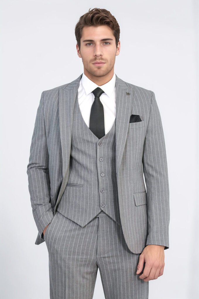 Striped Single Button with Vested Gray Men’s Suit