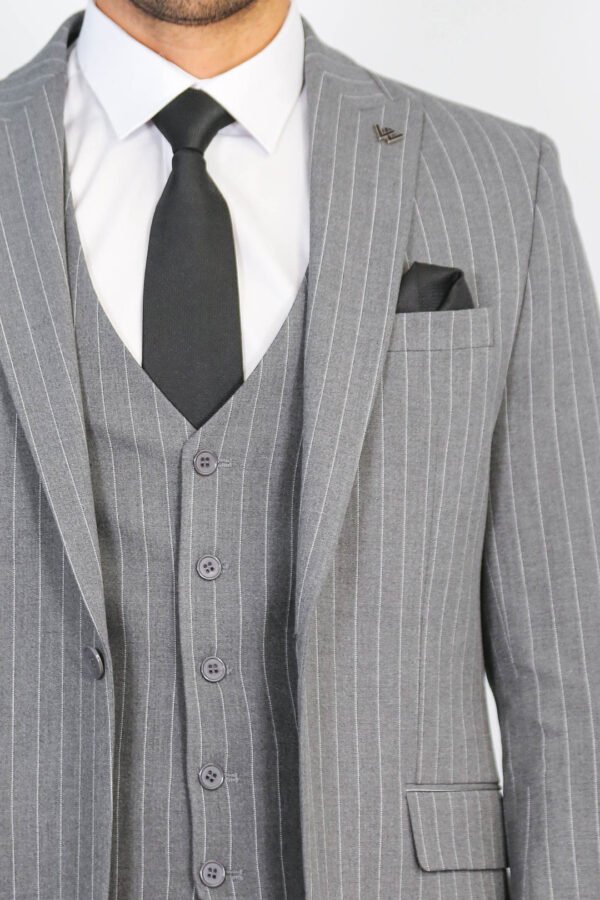 Striped Single Button with Vested Gray Men’s Suit