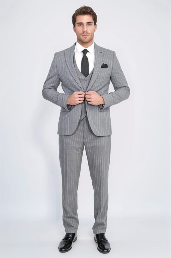 Striped Single Button with Vested Gray Men’s Suit