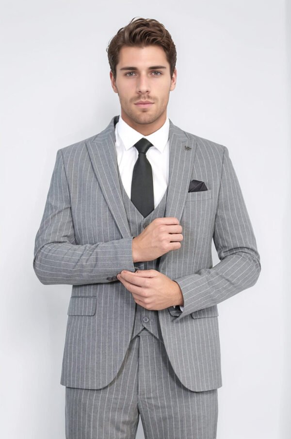 Striped Single Button with Vested Gray Men’s Suit