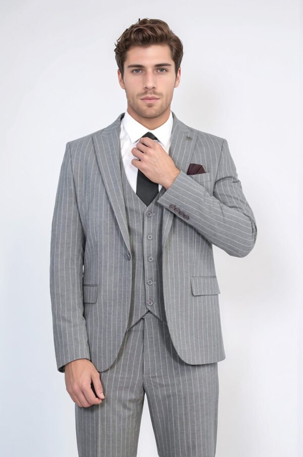 Striped Single Button with Vested Gray Men’s Suit
