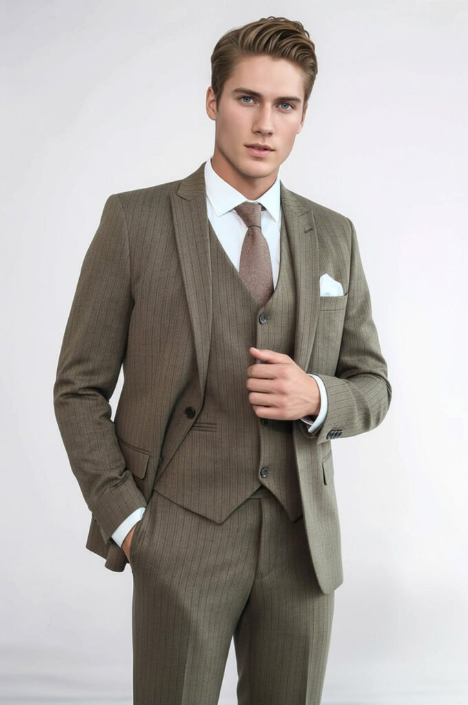 Striped Slim Fit Brown Men Suit