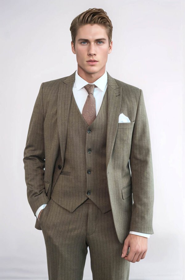 Striped Slim Fit Brown Men Suit