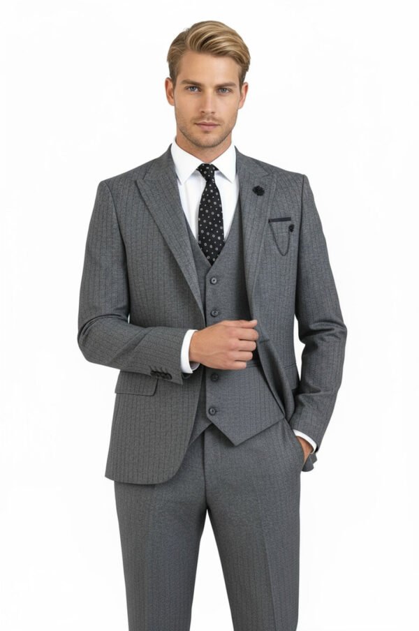Striped Vested Grey Men's Suit