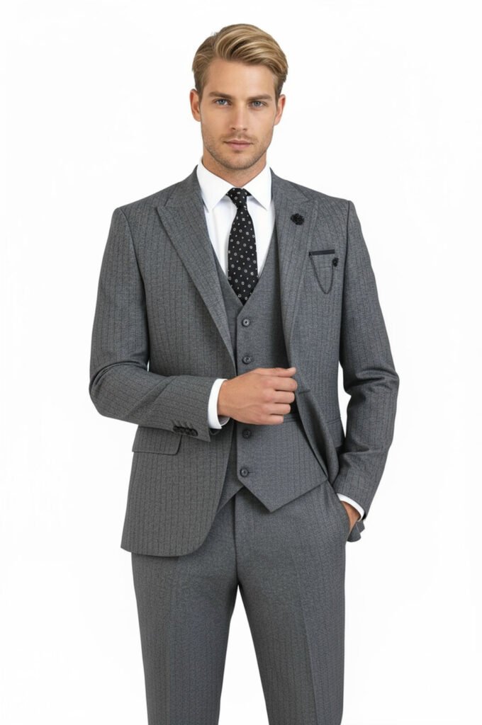 Striped Vested Grey Men's Suit