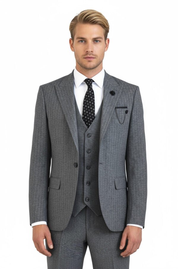 Striped Vested Grey Men's Suit
