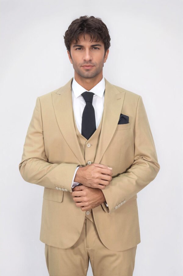 Tan Men's Plain Suit with Vest