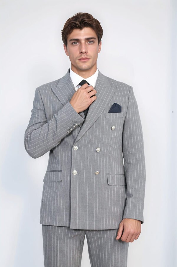 Pinstripe Double Breasted Men’s Grey Suit with Silver Button Details