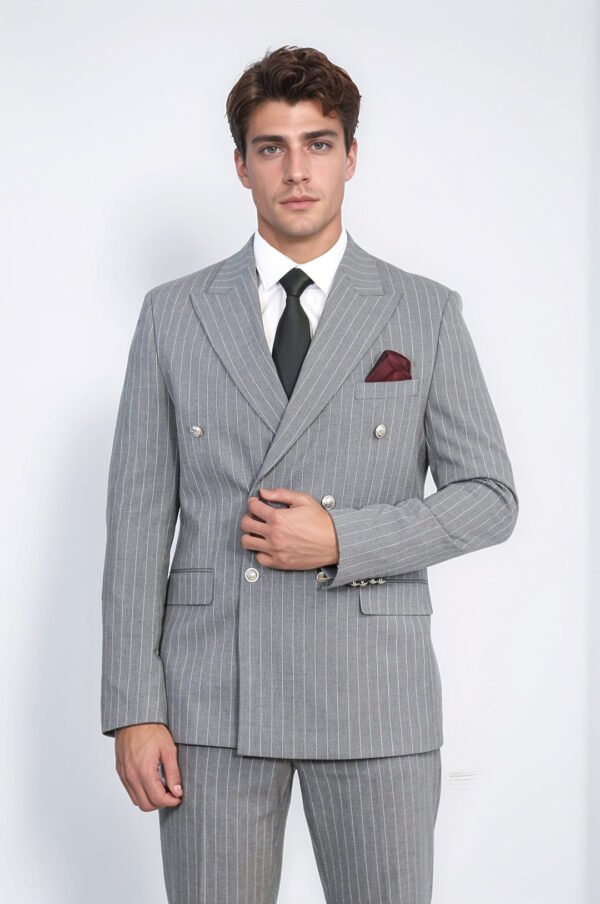Pinstripe Double Breasted Men’s Grey Suit with Silver Button Details