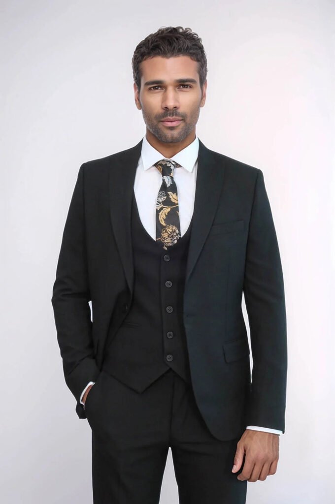Three Piece Slim Fit Single Button Black Men Suit