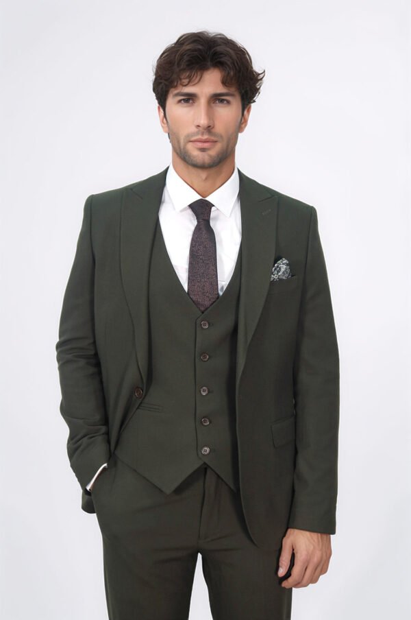 Three Piece Slim Fit Single Button Green Men Suit