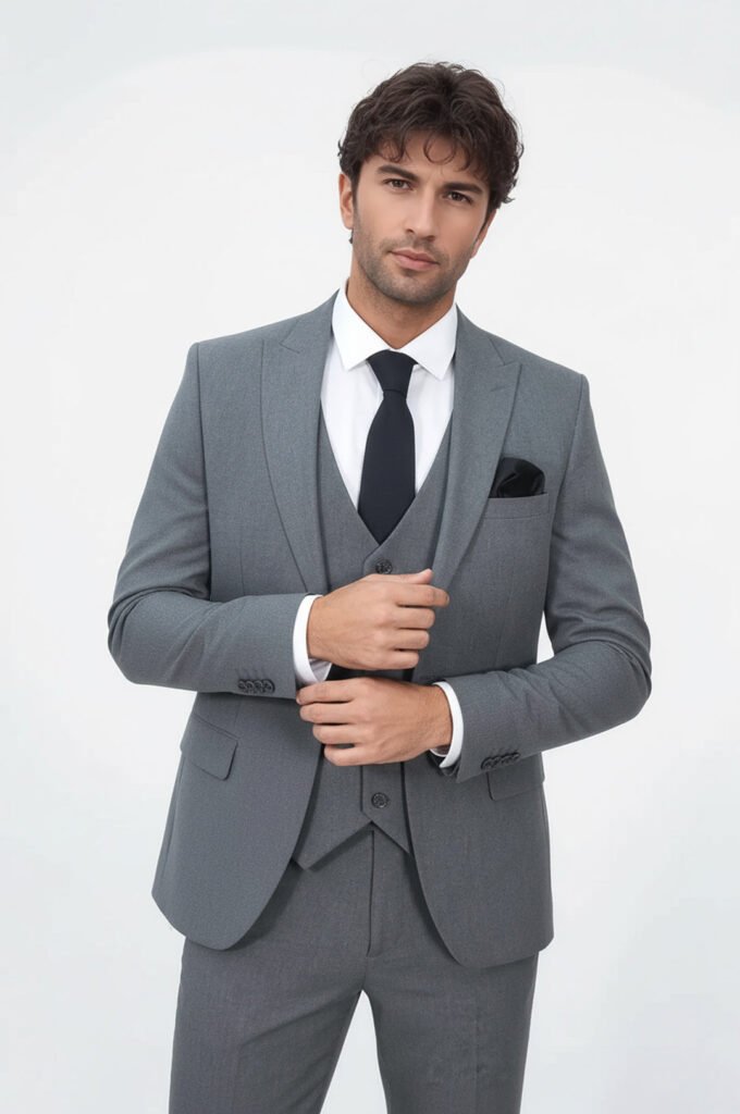 Three Piece Slim Fit Single Button Grey Men Suit