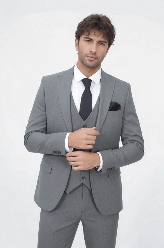 Three Piece Slim Fit Single Button Grey Men Suit