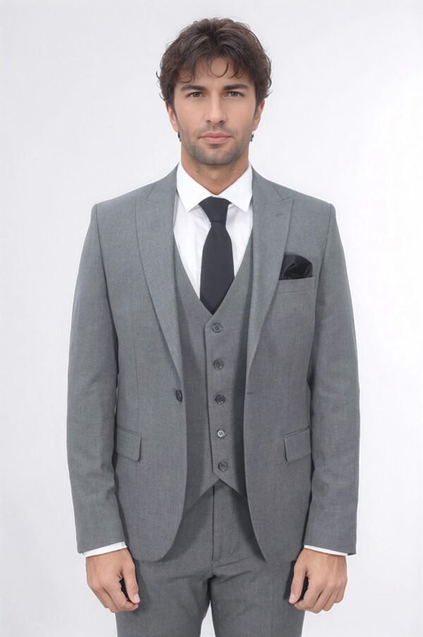 Three Piece Slim Fit Single Button Grey Men Suit