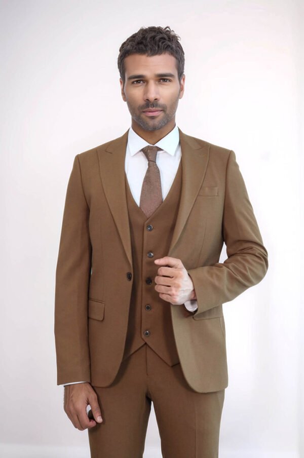 Three Piece Slim Fit Single Button Tan Men Suit