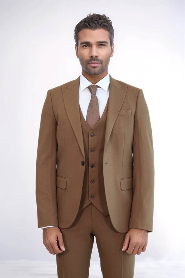 Three Piece Slim Fit Single Button Tan Men Suit