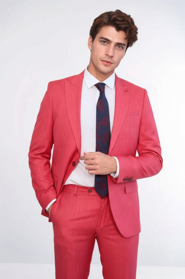 Two Piece Slim Fit Single Button Coral Red Men Suit