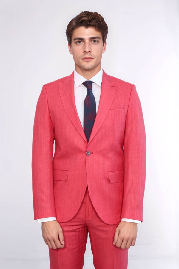 Two Piece Slim Fit Single Button Coral Red Men Suit