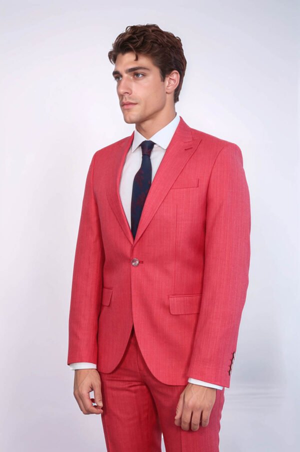 Two Piece Slim Fit Single Button Coral Red Men Suit