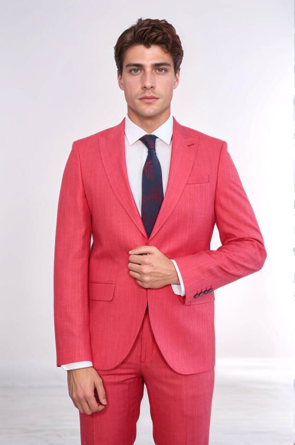 Two Piece Slim Fit Single Button Coral Red Men Suit