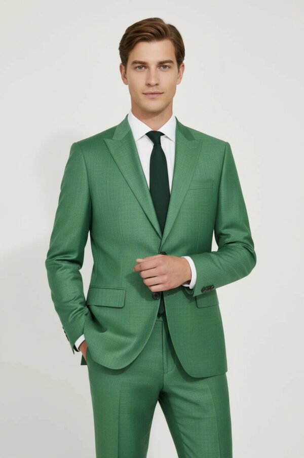Two Piece Slim Fit Single Button Green Men Suit