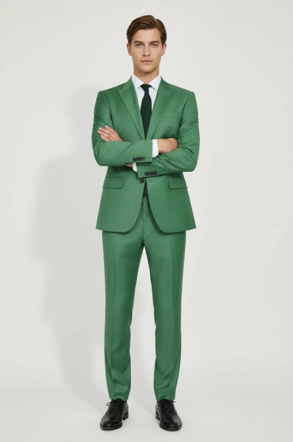 Two Piece Slim Fit Single Button Green Men Suit