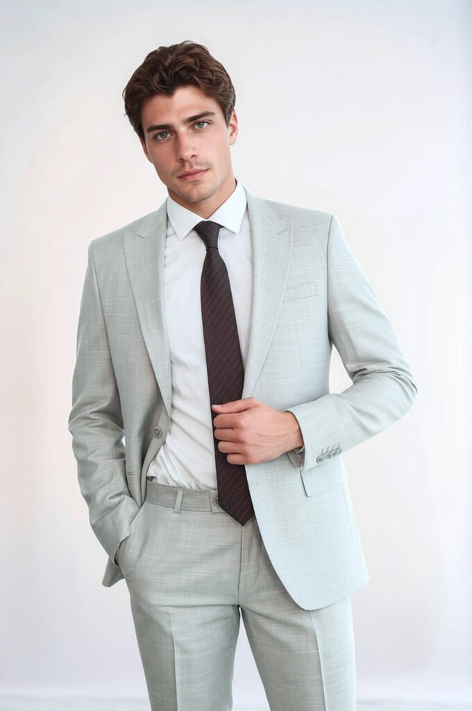 Two Piece Slim Fit Single Button Light Grey Men Suit